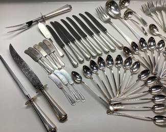 107pc STERLING GORHAM FAIRFAX PATTERN FLATWARE SET THIS LOT FEATURES GORHAMS ART DECO FAIRFAX PATTERN ON FINE STERLING SILVER FLATWARE. A CLASSIC INVESTMENT FOR ANY HOME AND CONTRIBUTES TO GENERATIONAL WEALTH. WEIGHTS ARE AS FOLLOWS. SOLID STERLING FLATWARE 3211.43 GRAMS, 7.08 lbs. FLATWARE W/ STERLING HANDLES 1043.26 GRAMS, 2.3 lbs. TOTAL COMBINED WEIGHT 4254.7 GRAMS, 9.38 lbs.