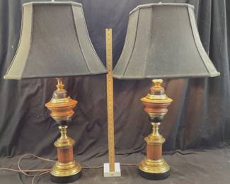 MCM BRASS AND WOODEN TABLE LAMPS THESE LAMPS FEATURE 3 WAY SWITCHES WITH RUSTIC WOOD AND BRASS ACCENTS. NO SHIPPING PICKUP ONLY