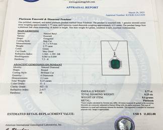 PLATINUM EMERALD & DIAMOND PENDANT, 18in L CHAIN, 5.77ct EMERALD, 0.25cts DIAMONDS, 8.6g TOTAL WEIGHT, AIGL APPRAISAL $11,822.00