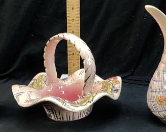 (3) 1955 HULL POTTERY BLOSSOM FLITE T1 HONEY JUG PITCHER, T8 BASKET, T3 PITCHER/VASE