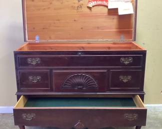 1951 LANE COMPANY AROMA TITE CEDAR CHEST COLONIAL LOWBOY MODEL WITH ORIGINAL WARRANTY PAPERWORK. HAS DAMAGE TO FEET. NO SHIPPING PICKUP ONLY
