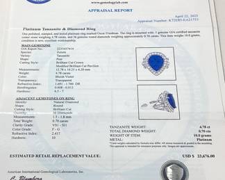  PLATINUM TANZANITE & DIAMOND RING, SIZE 8, 4.78ct TANZANITE, 0.70cts DIAMONDS, 10g TOTAL WEIGHT, AIGL APPRAISAL $23,676.00