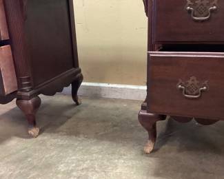 VTG. GEORGIAN MAHOGANY STYLE WRITING DESK WITH MCM STAKMORE CO. FOLDING CANE BACK CHAIR. DESK HAS DAMAGE AT FEET. NO SHIPPING PICKUP ONLY