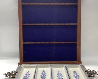  Pfaltzgraff Yorktowne Rectangular Relish Tray Brass Handles Vintage USA and wooden spoon holder with blue felt