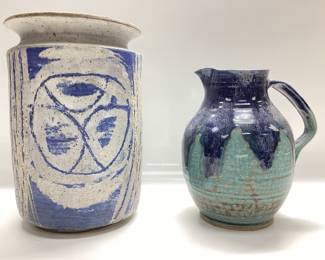 BLUE AND GREEN GLAZE PITCHER SIGNED C.J EMERSON AND SALT GLAZED VASE SIGNED PROCTOR BEAUTIFUL POTTERY LOT
