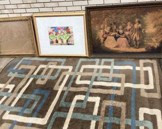 5x7 GEOMETRIC PATTERN INDOOR/OUTDOOR RUG WITH VICTORIAN FRAMED ART, GOLD GILT FRAME AND FLORAL ART