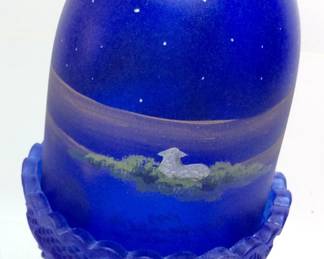 1999 FENTON COBALT BLUE SATIN FAIRY LAMP, THE ANNOUNCEMENT, BIRTH OF A SAVIOR, HAND PAINTED SIGNED BY ARTIST LIMITED EDITION 137?/2500