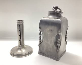 ANTIQUE DRINKING FLASK WITH HALLMARKS AND COAT OF ARMS AND A ANTIQUE HOG SCRAPER CANDLESTICK