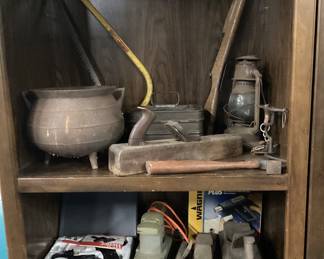 ASSORTED VTG. TOOLS, PLANERS, CAST IRON BEAN POT, HATCHET