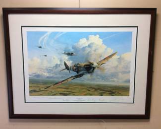 LTD. WW2 ROBERT TAYLOR PRINT, AFTER THE BATTLE, SIGNED #909/1000, SIGNATURES OF U.S. WARRIORS WHO WERE INSIDE THE BATTLE ARENA, SPITFIRE RETURNING FROM BATTLE OVER THE ENGLISH CHANNEL, 40in by 30in FRAMED NO SHIPPING PICKUP ONLY