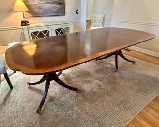 Baker Historic Charleston Collection Dining Table
This is a double pedestal dining table, mahogany, banded top with a shaped (almost scalloped) end profile, brass toe caps and casters. 
