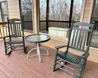 Pair of Green Wooden Rockers + Glass Top Side Table