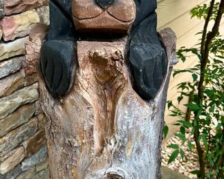 Hand-Carved Bear on Log Sculpture