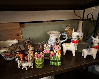 Delft cow pitcher, llamas, floral trinket boxes, 