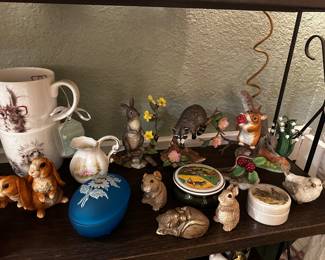 Westmoreland blue satin glass trinket box, Sandicast animals, Lenox woodland critter figurines, Framecraft trinket box