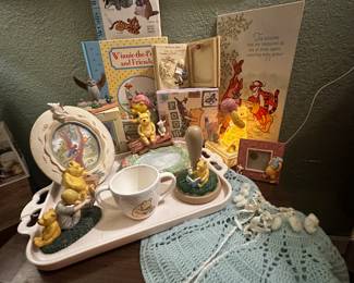 Vintage Pooh, pink milk glass vanity tray, MCM end table