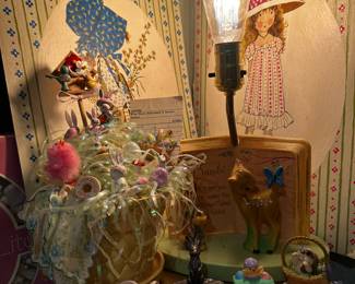Hand painted Hollie Hobbie canvas boards, vintage Bambi nursery lamp, Fitz & Floyd bunny shakers