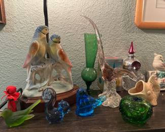 Bluebird of Happiness, Apple paperweight, art glass long tailed bird, art glass squirrels, McCoy fish