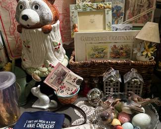 Raccoon cookie jar, gardening, farm paper doll playset 