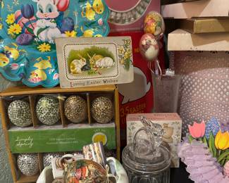 Paper mache egg ornaments, glass mosaic egg lights, bunny lidded candy dish, porcelain trinket box