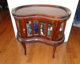 Kidney shaped butler display cabinet top tray lifts off