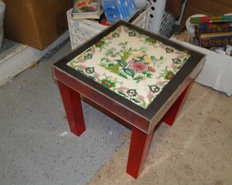 Vintage lucite table with embroidered top