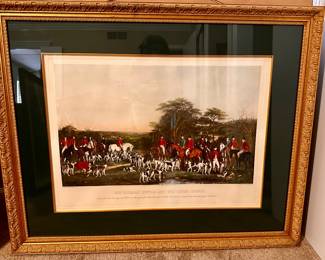 20th c Hand-colored Engraving of “Sir Richard Sutton and the Queen of Hounds” first published November 14, 1855 by Thomas McClean in London. Custom Matted Ornate Frame (34x42-framed, 21.5x30-image)