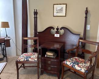 1940s Solid Mahogany Full Bed with Nightstand and two Chairs Sold Separately
