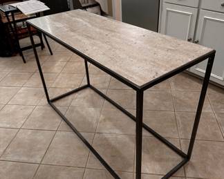 Large black contemporary console with travertine stone top (41”x30”x18.75)