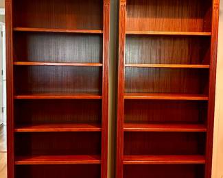 Pair 20th c. Custom Built 5-shelf Mahogany Bookshelves (74"x35"x12")