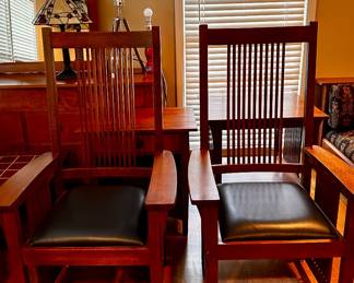 Pair 2006 Stickley Oak/Leather Arm Chairs (62"x27.5"x20.5")