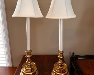 Pair 20th c. Heavy Brass Buffet Lamps with Silk Shades (25"x6")