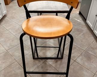 Pair 21st c Contract “SoHo” Barstools with Oak Seats & Backs and Black Metal Frames can (back/floor 39”, seat/floor 30”x15.75”x19”)