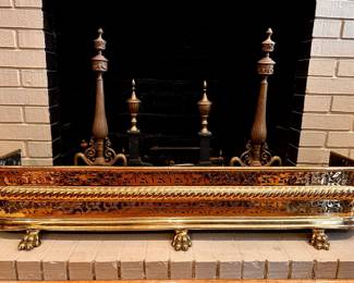 19th c. English Heavy Brass Cutwork/Iron Fireplace Fender (8.5"x46.75"x13.75")