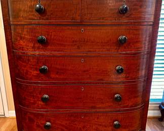 19th C. Bow Front Flame Mahogany & Ebony Knob  2/4  Drawer Chest (52.75"x46"x21")