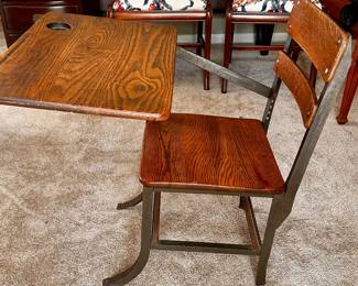19th c. Oak/Metal Grade School Desk with Pencil Trough and Ink Well (31"x31"x21")