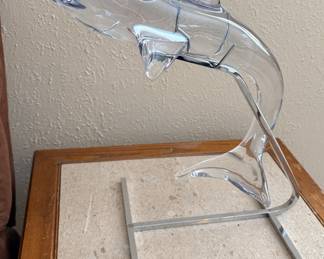 Signed Daum France glass dolphin on stand
