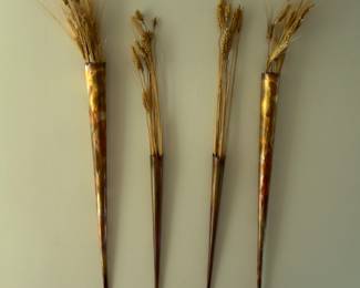 Vintage mid-century modern copper and brass wheat stalk wall sculpture vases.