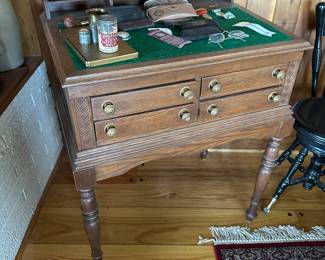 Antique standing work desk, possibly a railroad boxcar desk.