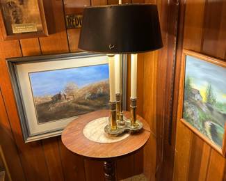 Antique pedestal table with marble inlay, brass lamp