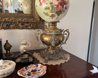 antique trophy lamp with hand painted globe