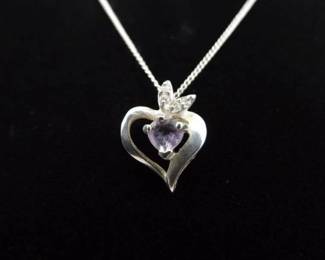.925 Sterling Silver Diamond Accented Amethyst Heart Pendant Necklace
