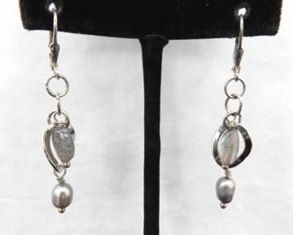 .925 Sterling Silver Pearl and Moonstone Dangle Hook Earrings
