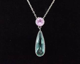 .925 Sterling Silver Pink Sapphire and Aquamarine Crystal Dangle Pendant Necklace
