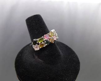 .925 Sterling Silver Multi Colored Stone Ring Size 8
