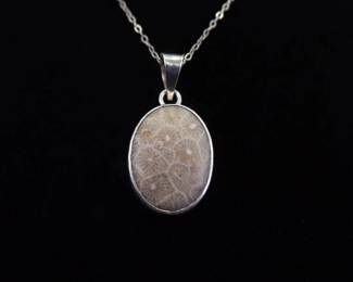 .925 Sterling Silver Petoskey Stone Cabochon Pendant Necklace
