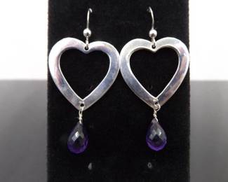 .925 Sterling Silver Amethyst Dangle Heart Dangle Hook Earrings
