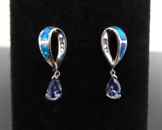 .925 Sterling Silver Inlayed Opal and Amethyst Dangle Post Earrings