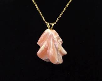 .925 Sterling Silver Carved Pink Agate Vermeil Pendant Necklace
