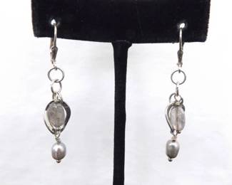 .925 Sterling Silver Pearl and Moonstone Dangle Hook Earrings
